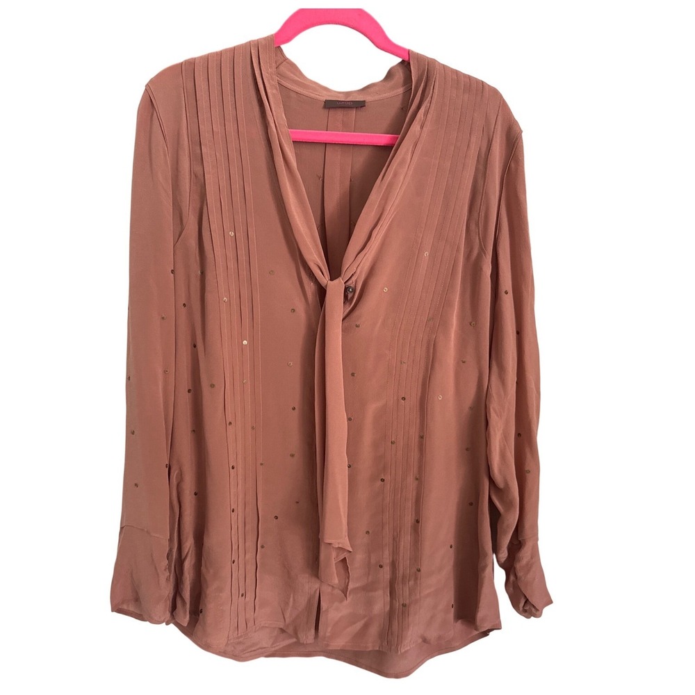 Wrap UK 16 Women's Silk Mauve Tie Neck Pleated Long Sleeve Blouse Top